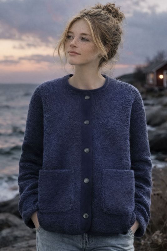 Mörblå teddytröja med knappar framtill