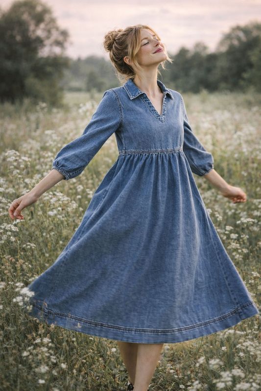Lantlig blå jeansklänning med fickor