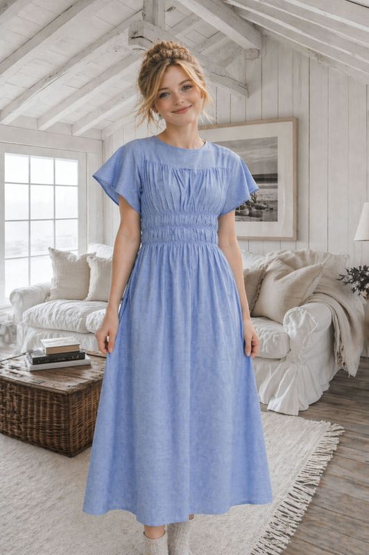 Ljusblå rutig klänning med smock