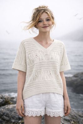 Ecru mönsterstickad tröja i bomull med kort ärm