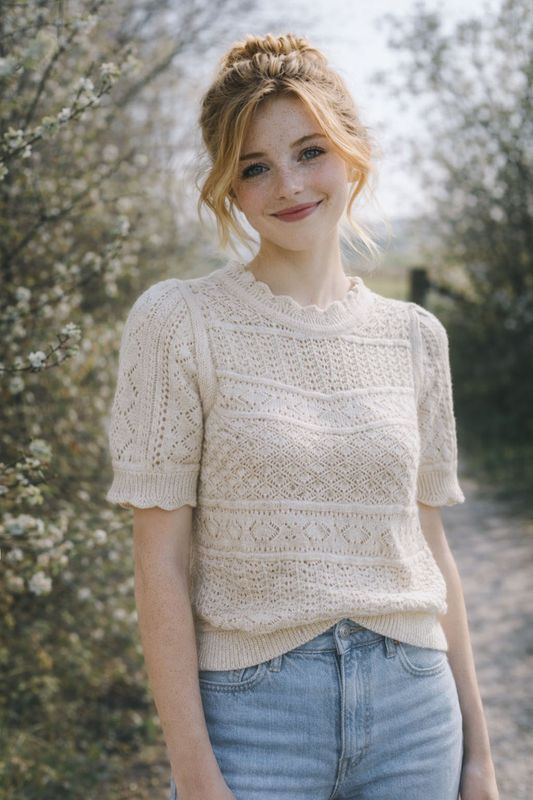 Ecru spetsstickad tröja i bomull med kort ärm