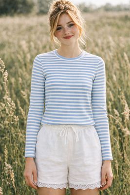 Randig ribbad topp ljusblå offwhite