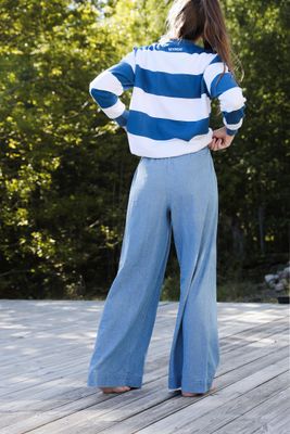 Wide-leg pants in light blue cotton chambray