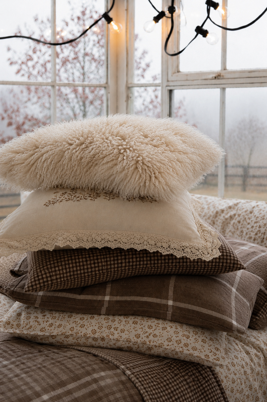 Fuzzy, natural-white pillowcase with long, soft, sheepskin-like pile