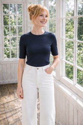 Dark blue short-sleeved bathrobe in cotton modal