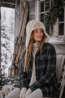 Varmfodrad mörkrutig flanellskjorta för dam i snöig skog