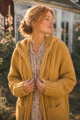 Strohgelbe, gestrickte Strickjacke mit Kapuze