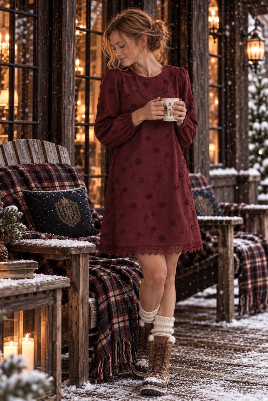 Anna i vinröd klänning med små påsydda blommor och spets på en snöig veranda.