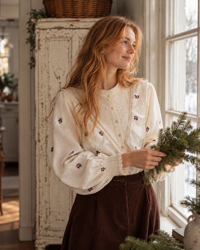 Romantisk bluse med broderede roser