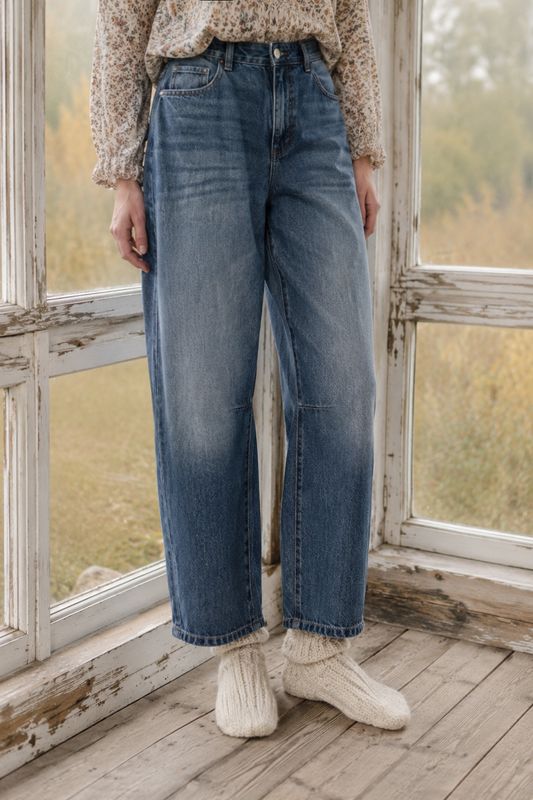 Mysiga blå jeans i barrelmodell