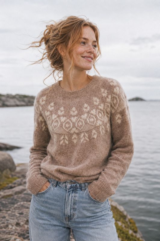Nordisk mönsterstickad ulltröja – nötbrun