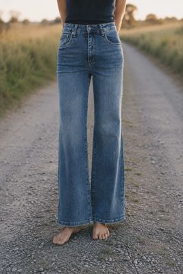 Vida jeans i ljus mellanblå tvätt med hög midja, vida ben och mjuk stretch.