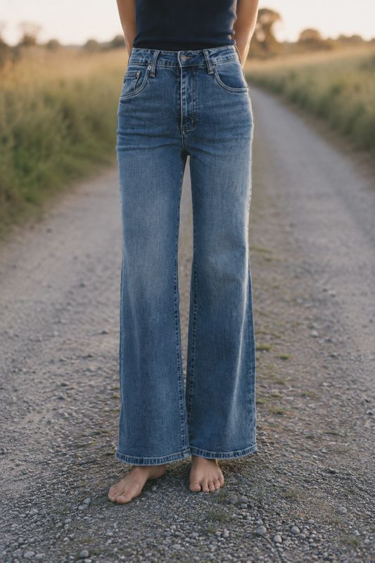 Vida jeans i ljus mellanblå tvätt med hög midja, vida ben och mjuk stretch.