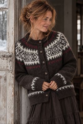 Anna in einer dunkelbraunen, gemusterten Wollstrickjacke mit naturweißen und weinroten nordischen Mustern und Zierknöpfen, die vor einer alten Holztür steht, während draußen Schnee liegt.