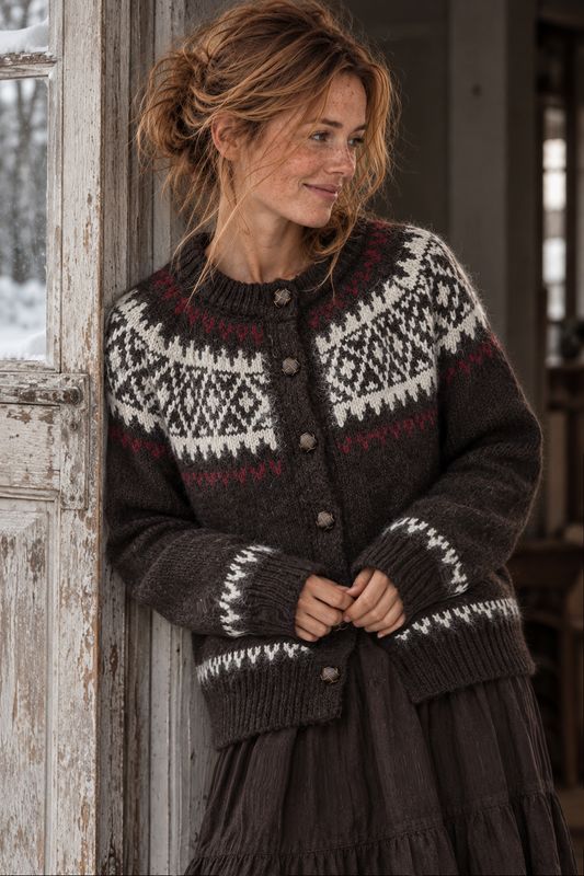 Anna in einer dunkelbraunen, gemusterten Wollstrickjacke mit naturweißen und weinroten nordischen Mustern und Zierknöpfen, die vor einer alten Holztür steht, während draußen Schnee liegt.