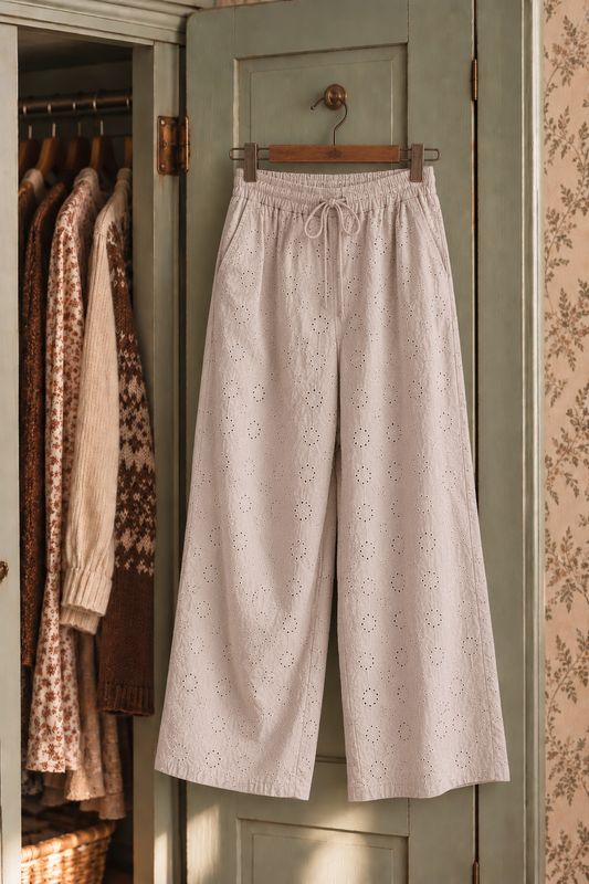 Beige byxor i broderie anglaise