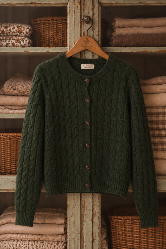 Hochwertige, gestrickte Wollstrickjacke – dunkelgrün