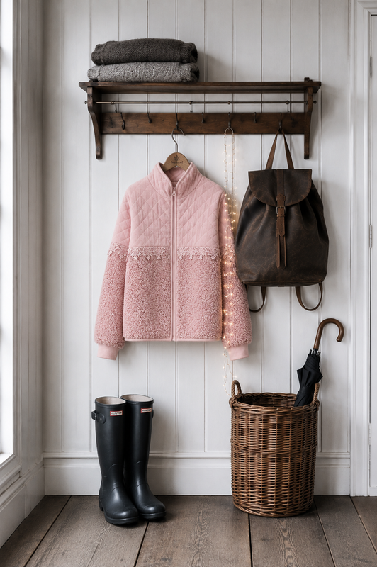 Rosa teddy- och manchesterjacka med spetsar