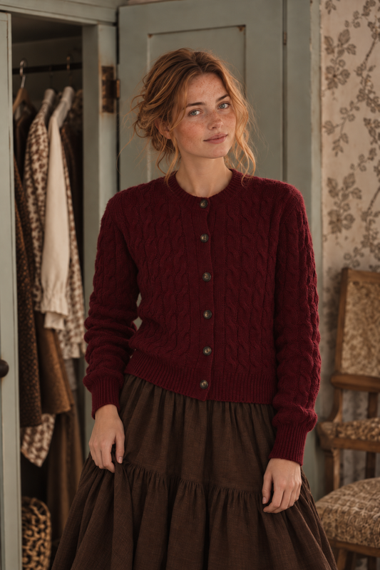 Hochwertige, gestrickte Wollstrickjacke – weinrot