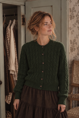 Hochwertige, gestrickte Wollstrickjacke – dunkelgrün
