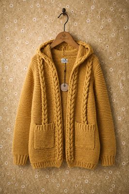 Strohgelbe, gestrickte Strickjacke mit Kapuze