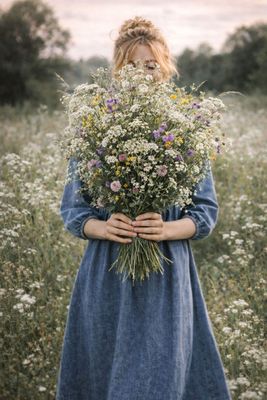 Lantlig blå jeansklänning med fickor