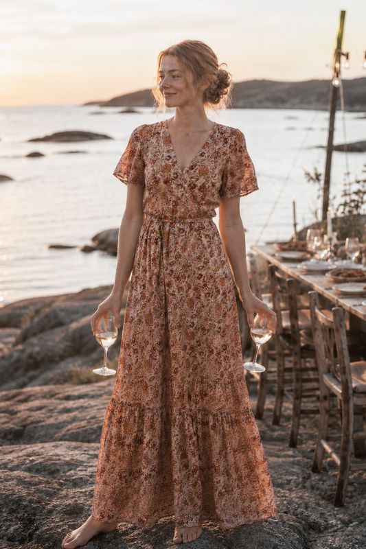 Blommig maxiklänning med guldinslag