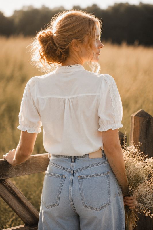 Lovie vit blus med spetsdetaljer bak
