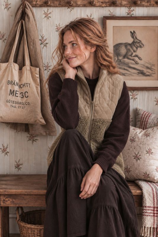 Lantlig teddyväst med manchesterdetaljer beige