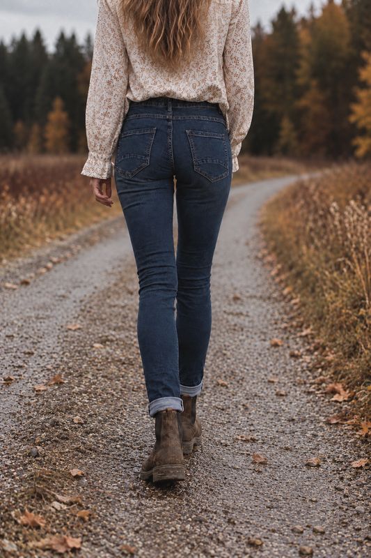 Mörkblå favoritjeans bak höst