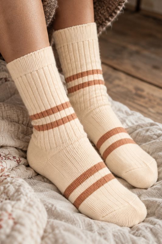 Beige bomuldsstrømper med brune striber
