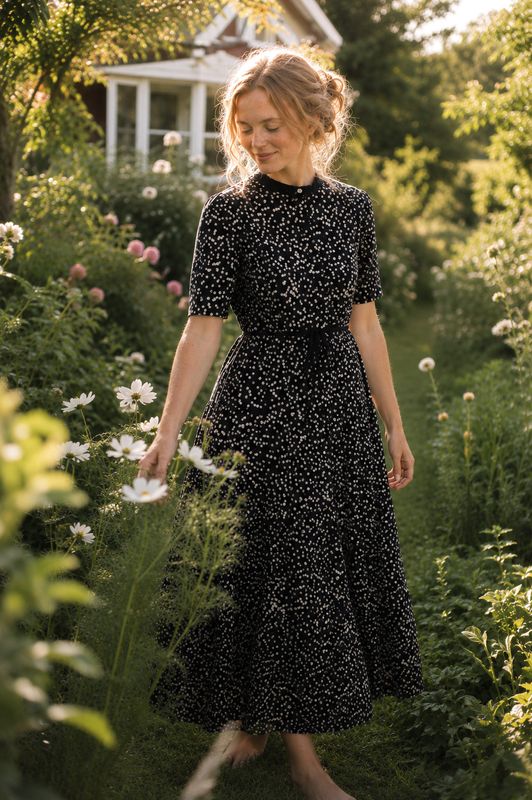Schwarzes Baumwollkleid mit kleinen Punkten