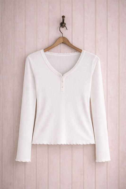 Vit ribbad henleytröja med v-ringning och spets