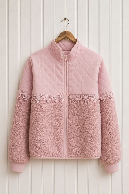 Pink teddy and corduroy jacket with lace trim
