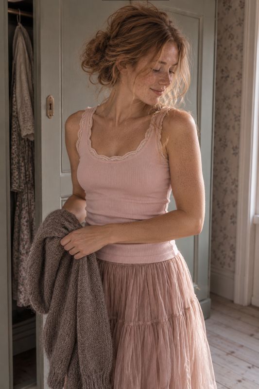 Ribbed Lace Tank Top No. 2 in Cream White