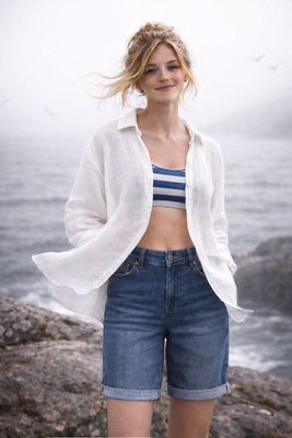 Blå jeansshorts med hög midja och stretch