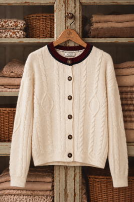 Cremeweiße, strickgebundene Wollstrickjacke auf einem Holzbügel mit dunkelblauen und weinroten Streifen am Halsausschnitt, dunklen Knöpfen und langen Ärmeln.