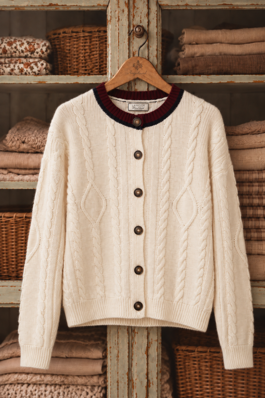 Cremeweiße, strickgebundene Wollstrickjacke auf einem Holzbügel mit dunkelblauen und weinroten Streifen am Halsausschnitt, dunklen Knöpfen und langen Ärmeln.