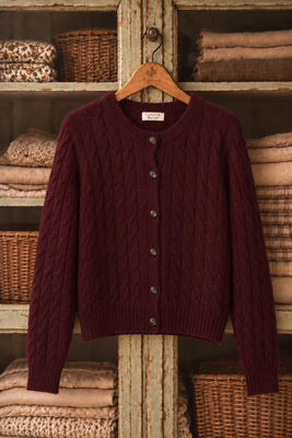 Hochwertige, gestrickte Wollstrickjacke – weinrot