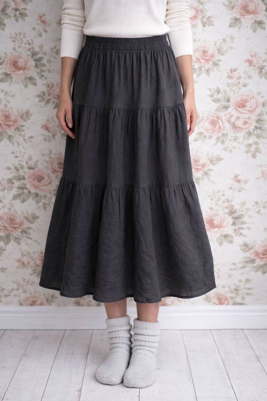 Vintage svart linnekjol med volanger