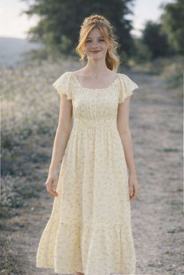 blommig sommarklänning gul lång modell