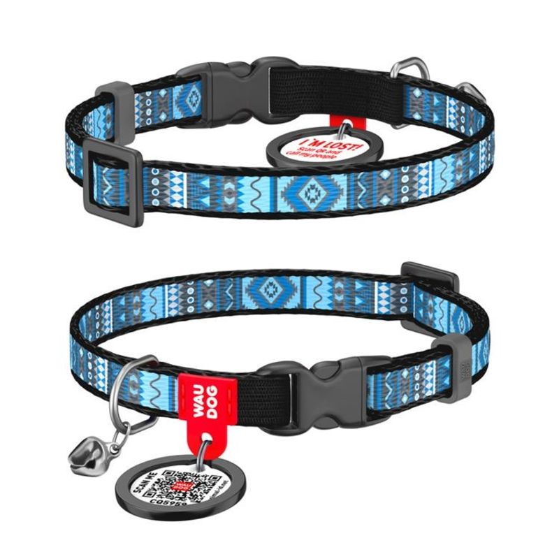 WAUDOG Katthalsband Nylon med Smart ID bricka (Ethno Blue 10mm 20-30cm)
