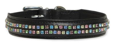 Mjukt läderhalsband m. 2 rader färgade kristaller