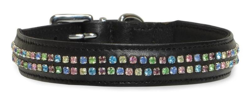 Mjukt läderhalsband m. 2 rader färgade kristaller