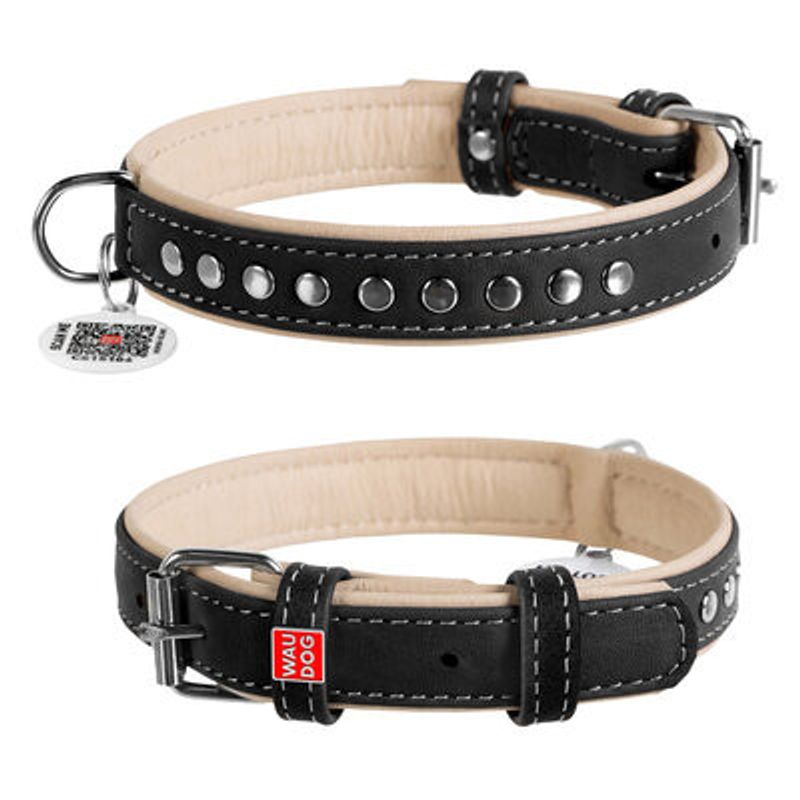 WAUDOG Soft Läderhalsband med Metalldekor Smart-ID Bricka, Svart