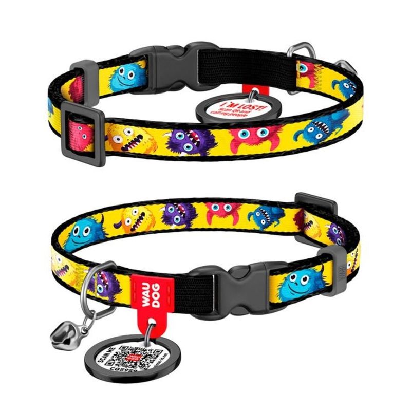 WAUDOG Katthalsband Nylon med Smart ID bricka Furry Monsters (10mm 20-30cm)