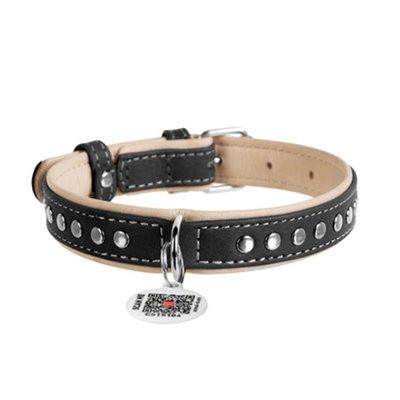 WAUDOG Soft Läderhalsband med Metalldekor Smart-ID Bricka, Svart