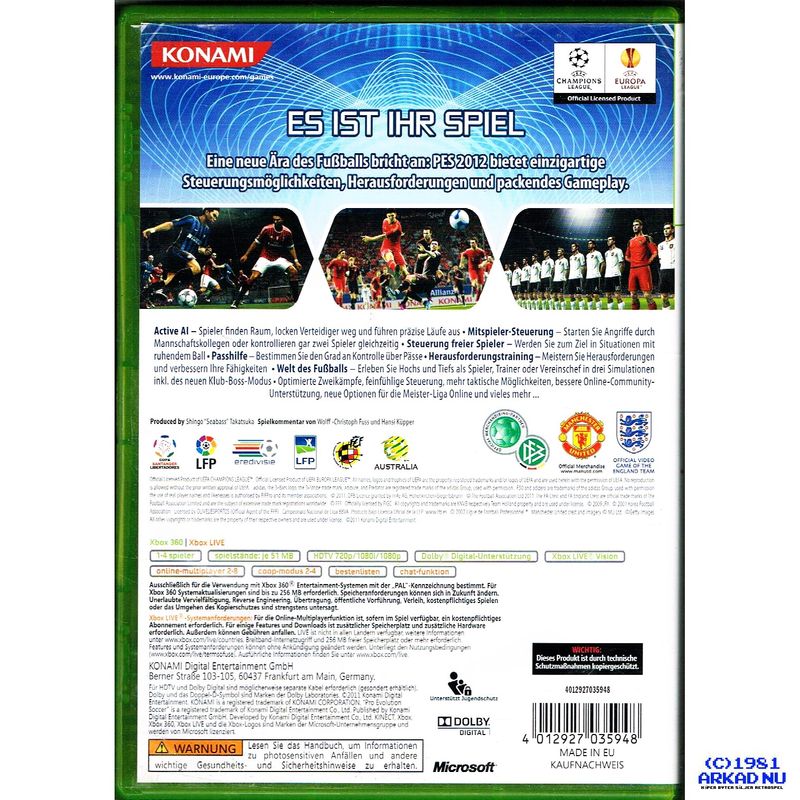 PRO EVOLUTION SOCCER PES 2012 XBOX 360 TYSK UTGÅVA