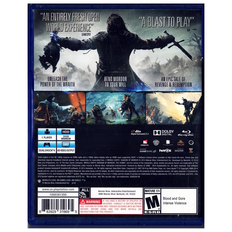 MIDDLE-EARTH SHADOW OF MORDOR PS4 NTSC USA