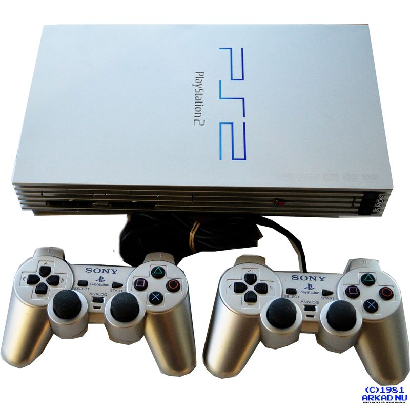 SONY PLAYSTATION 2 BASENHET 1ST GEN SILVER MED 2 HANDKONTROLLER